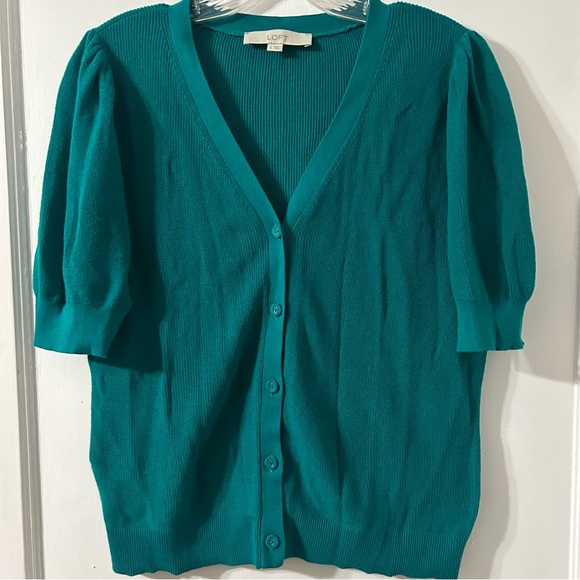 LOFT Teal Green Ribbed Button Down Style Cardigan Sweater Large - Picture 11 of 11